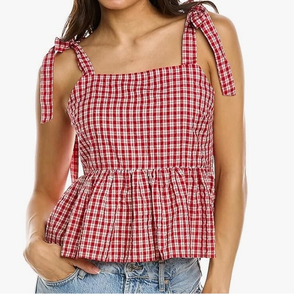 NWT MADEWELL Sleeveless Tie Shoulder Peplum Smocked Back Plaid Top Size Small - Picture 2 of 6